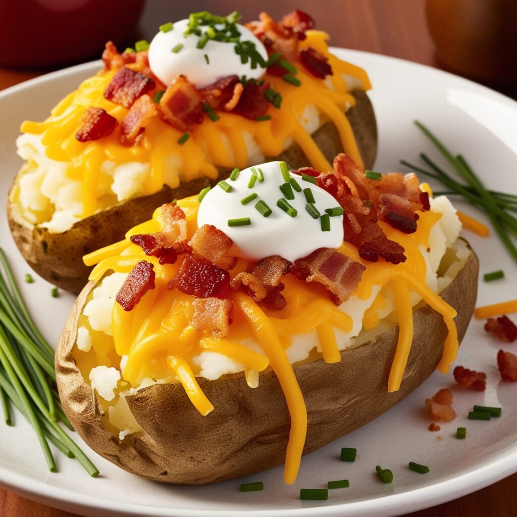 Image of a delicious, healthy homemade fast food: Loaded Baked Potatoes, inspired by Wendy’s Baked Potatoes.