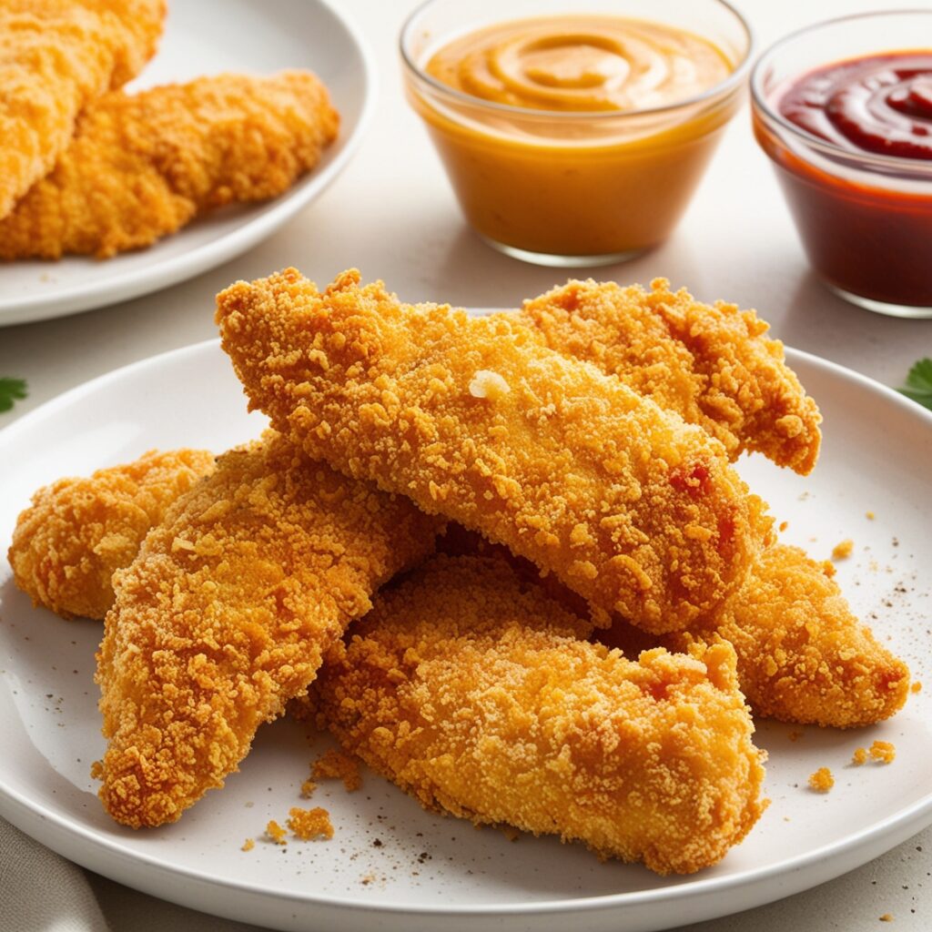 Appealing and vibrant image of homemade fast food: Chicken Tenders, inspired by KFC's Chicken Tenders