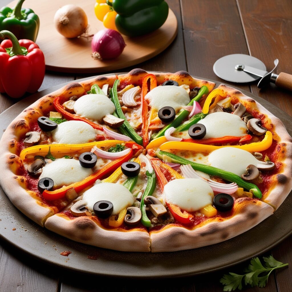 A vibrant and appetizing image of a homemade Veggie Pizza, Inspired by Pizza Hut's Veggie Lover's Pizza