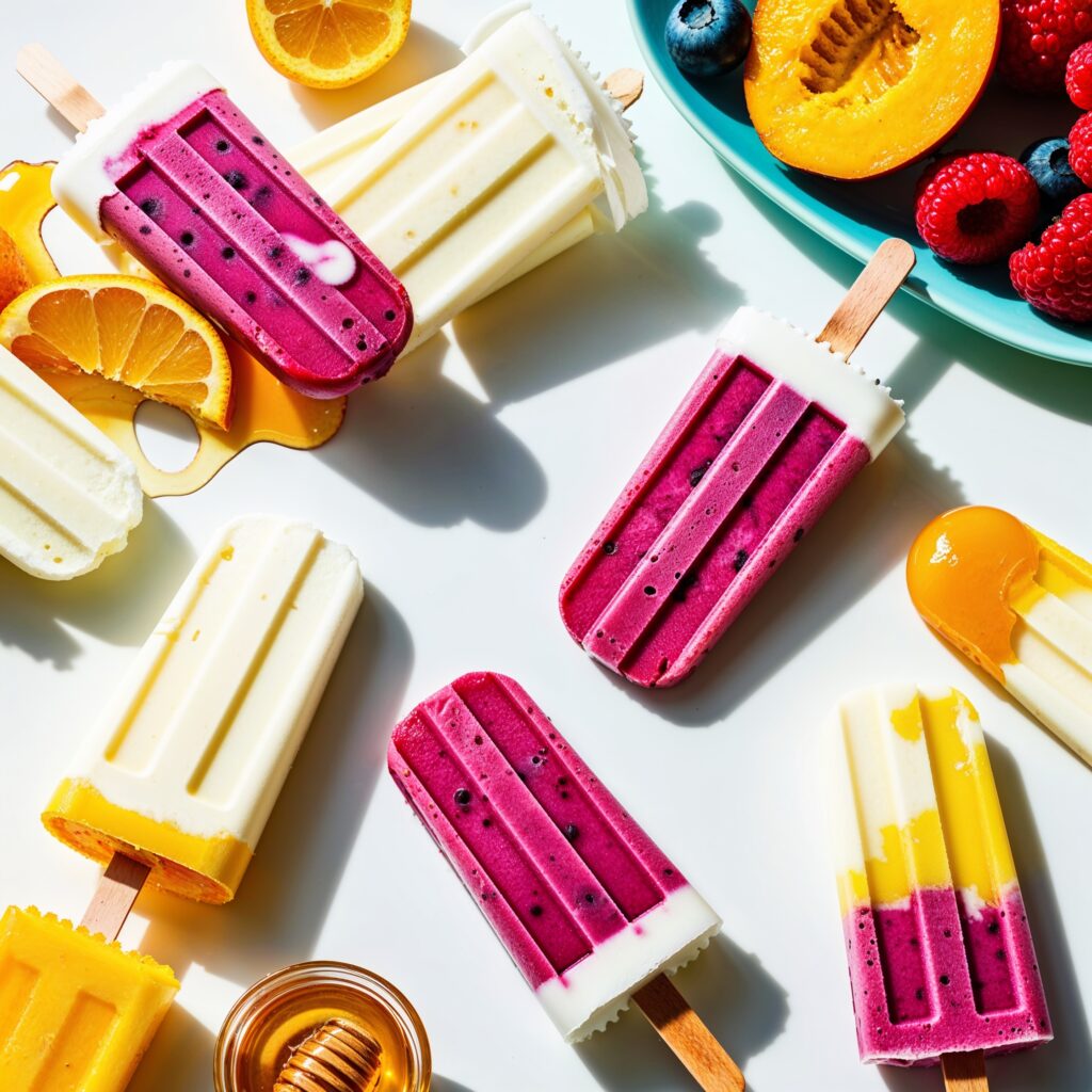 Colorful Yogurt Popsicles made with yogurt and fruit puree, displayed with fresh fruit and honey in a bright setting, are a delightful example of immunity-boosting treats that can enhance your child's health.
