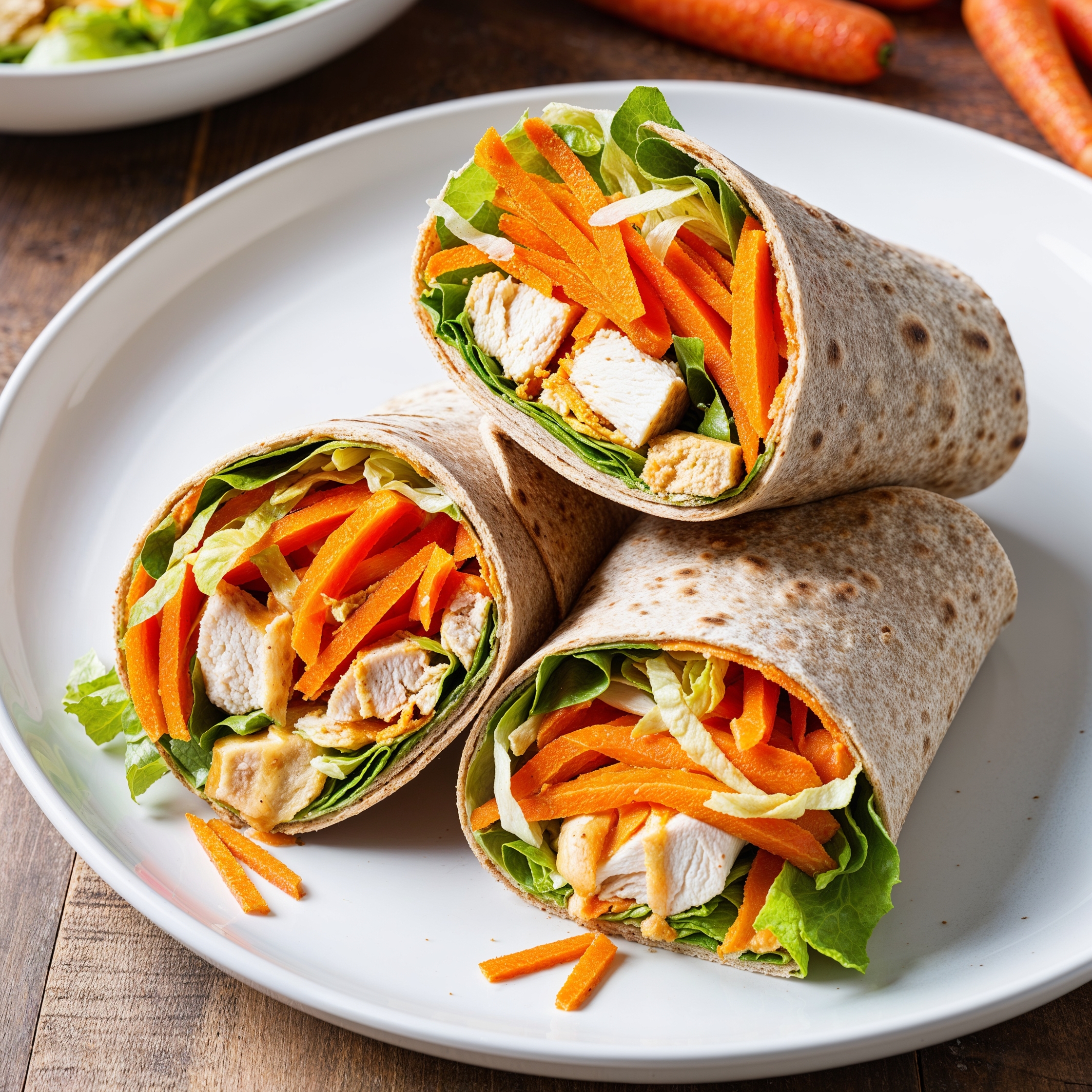 A colorful Carrot and Chicken Wrap featuring whole wheat tortilla, shredded carrots, cooked chicken, and fresh lettuce, sliced in half on a stylish plate.