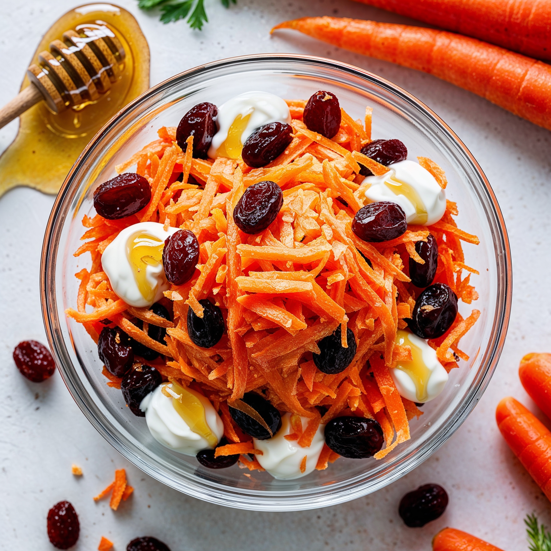 A refreshing Carrot and Raisin Salad featuring grated carrots, raisins, creamy yogurt, and honey in a clear bowl.