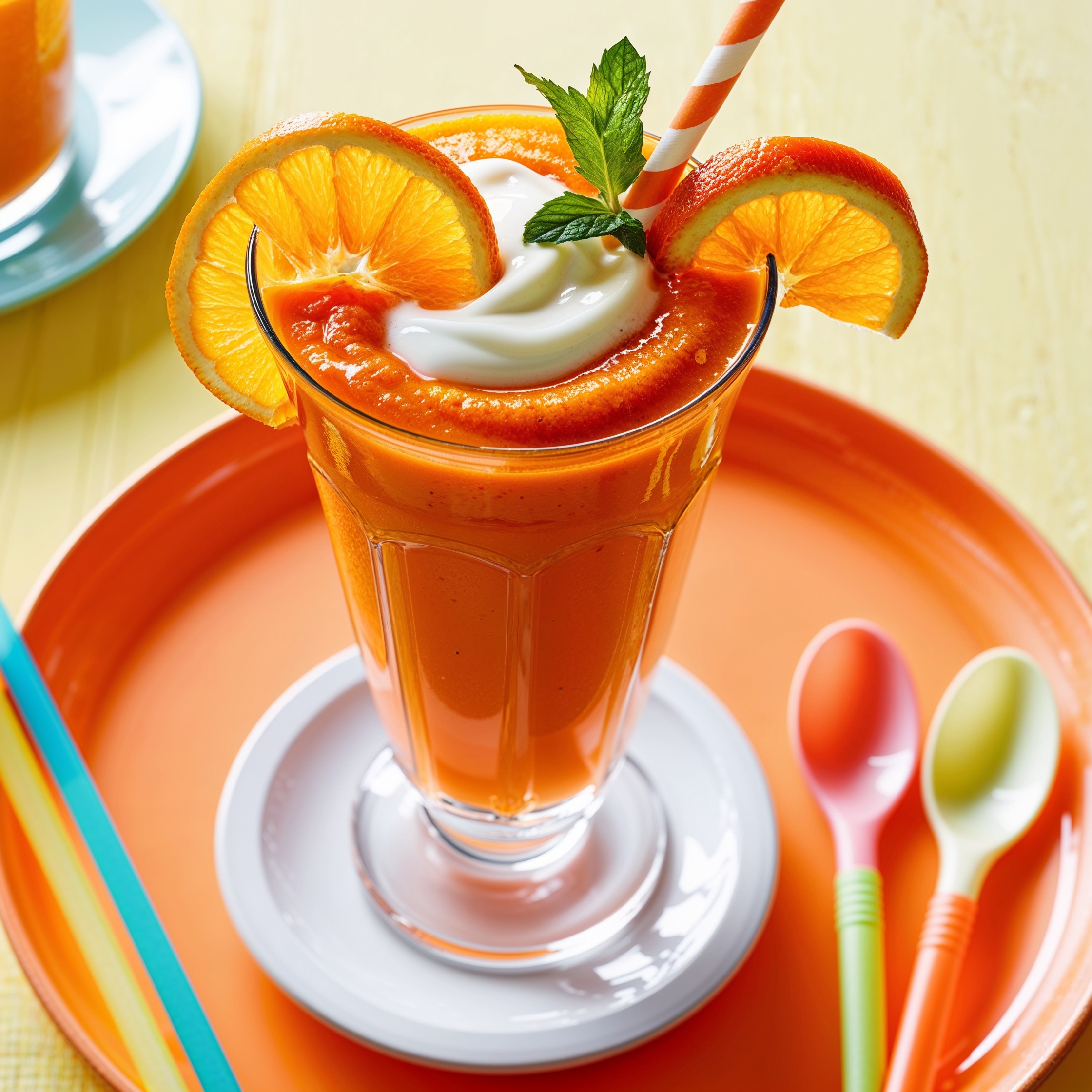 A bright Carrot Smoothie in a tall glass, garnished with an orange slice and mint, showcasing its fresh ingredients.