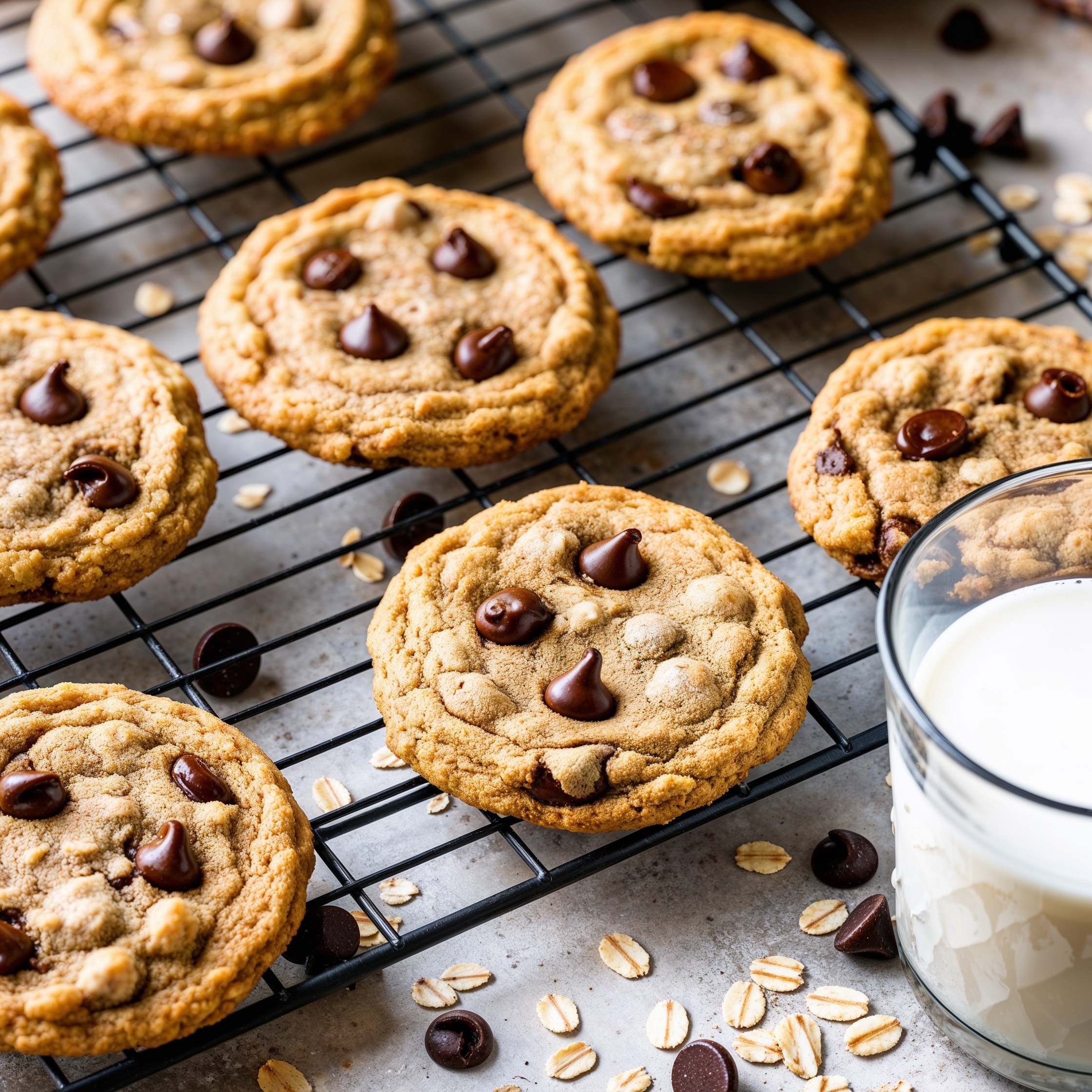Freshly baked Oatmeal Chocolate Chip Cookies on a cooling rack, surrounded by oats and chocolate chips, with a glass of milk.