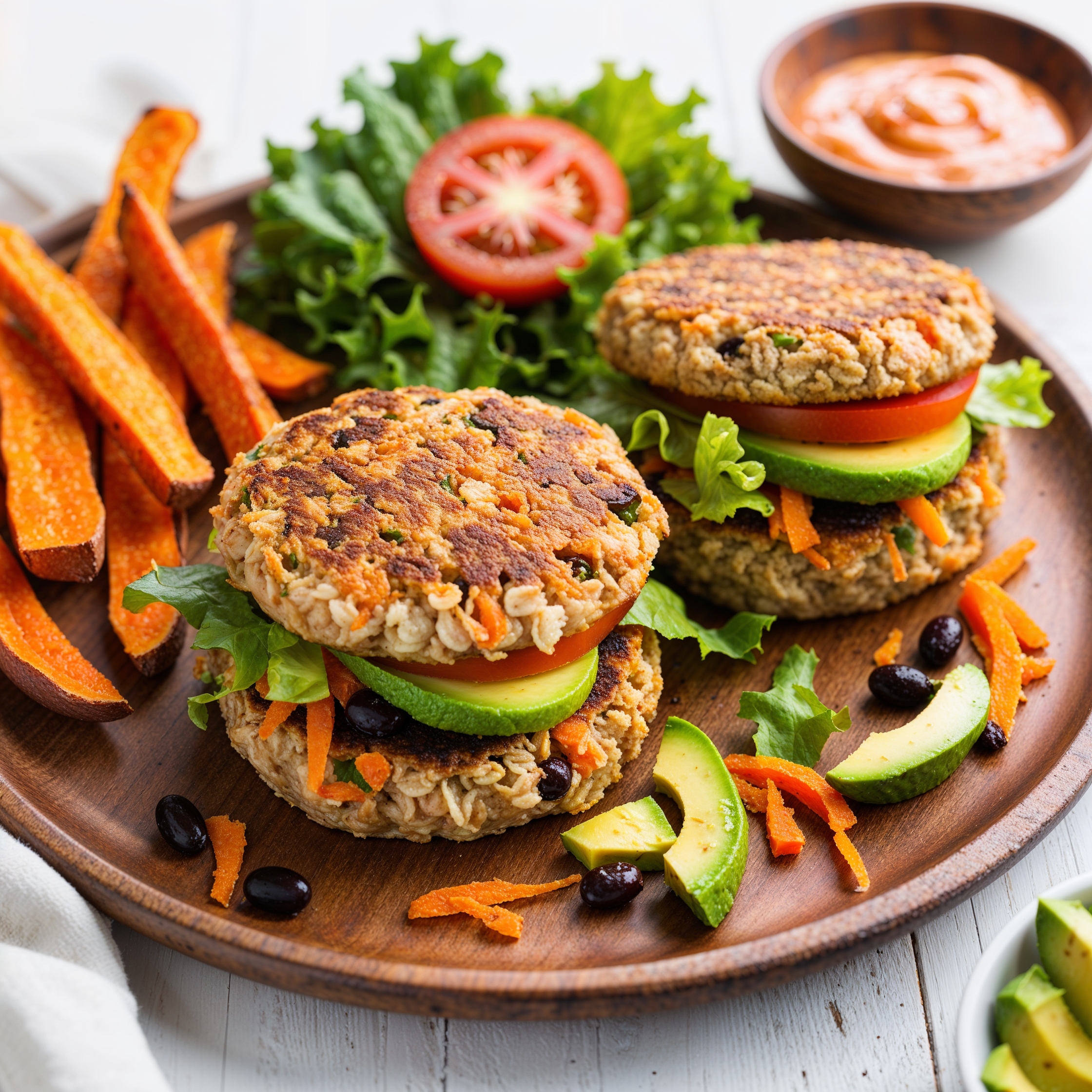 Crispy Oatmeal Veggie Burgers on a rustic plate, topped with fresh vegetables and served with sweet potato fries.