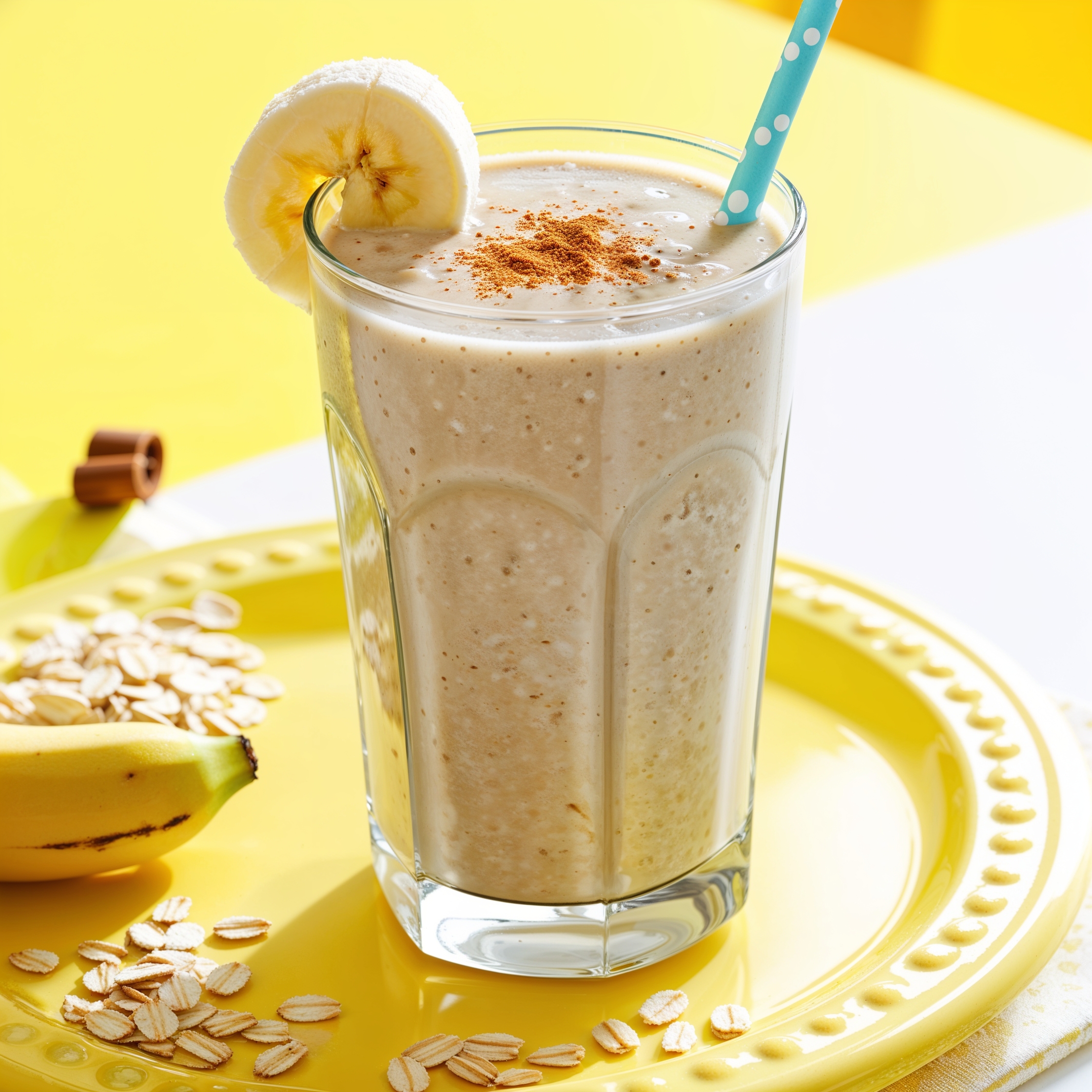 A creamy Oatmeal Smoothie in a tall glass, garnished with banana and cinnamon, served with a straw.