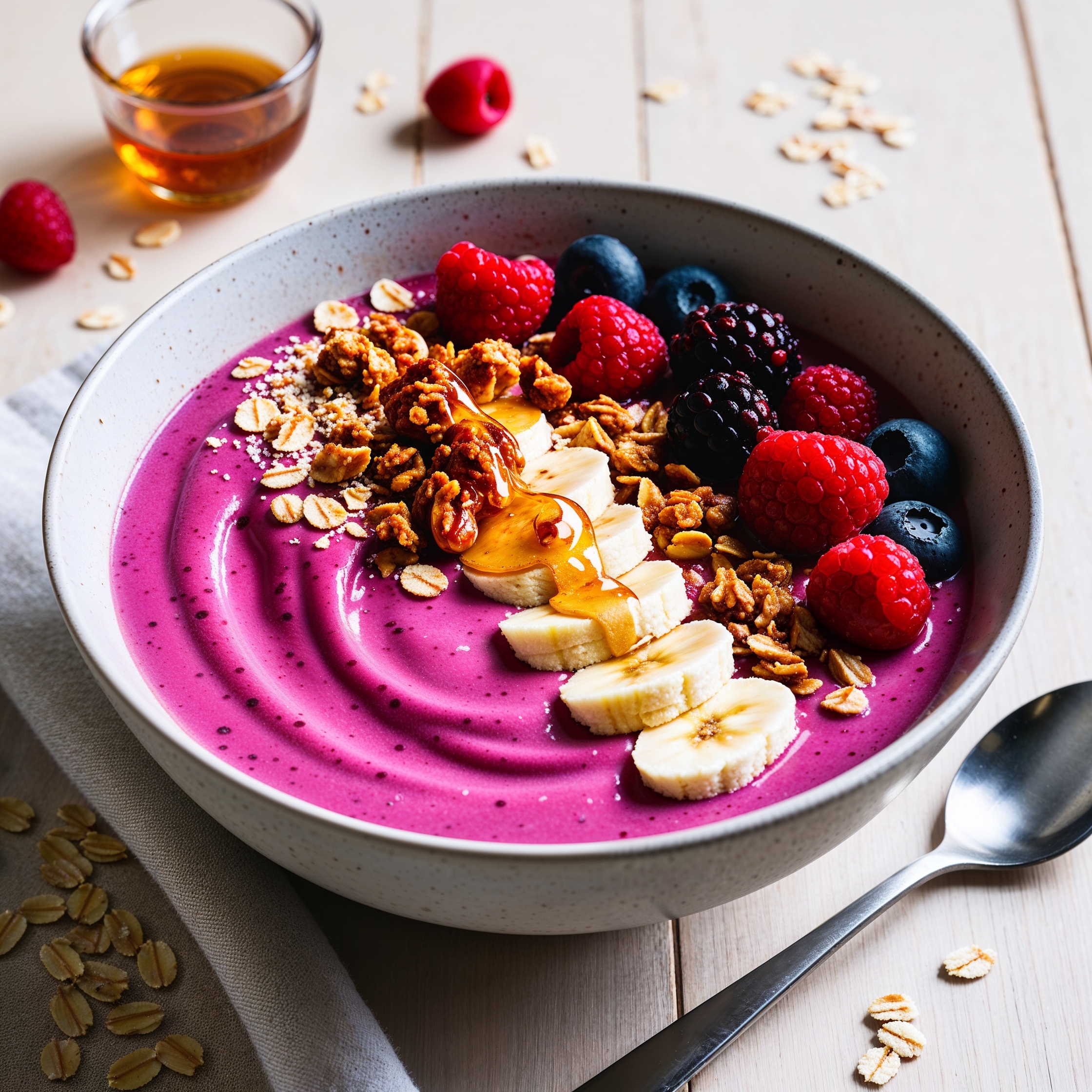 A colorful Oatmeal and Berry Smoothie Bowl topped with granola and fresh berries, served with a spoon.