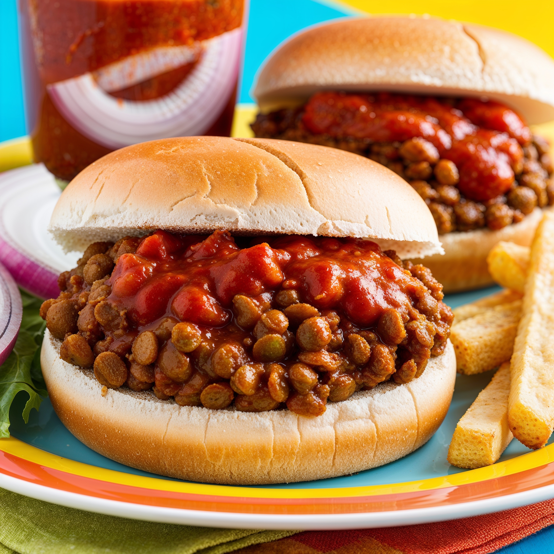 Saucy Lentil Sloppy Joes served on golden buns with a side of fries.