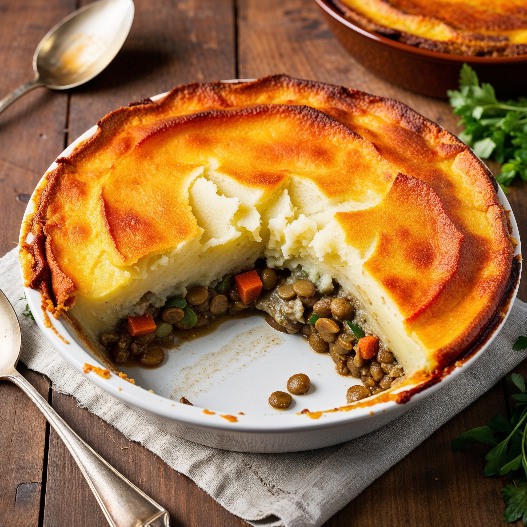 Golden Lentil Shepherd’s Pie topped with mashed potatoes and filled with lentils and vegetables.