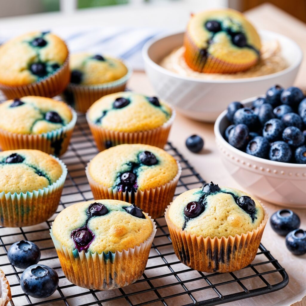 Freshly baked Yogurt Muffins with blueberries, displayed on a cooling rack in a cozy kitchen setting, are a delicious option among immunity-boosting foods that provide essential nutrients for overall health.