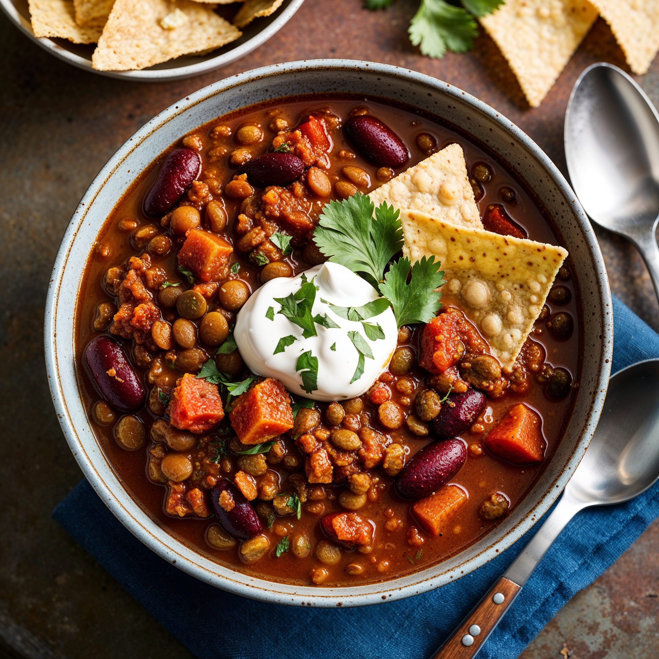 A bowl of hearty Lentil Chili topped with cilantro and sour cream, served with tortilla chips.