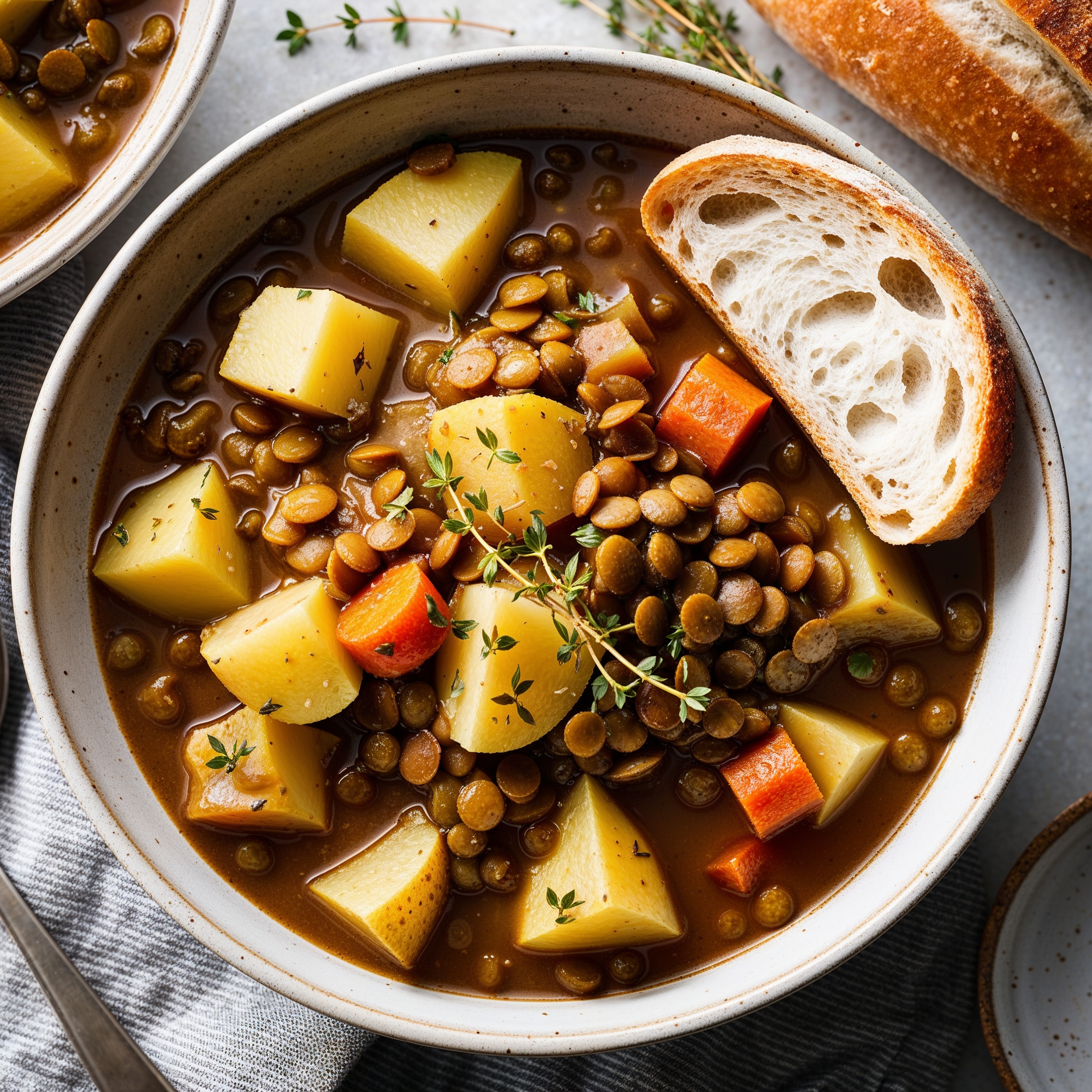 A bowl of hearty Lentil Stew with tender vegetables, served with crusty bread."
