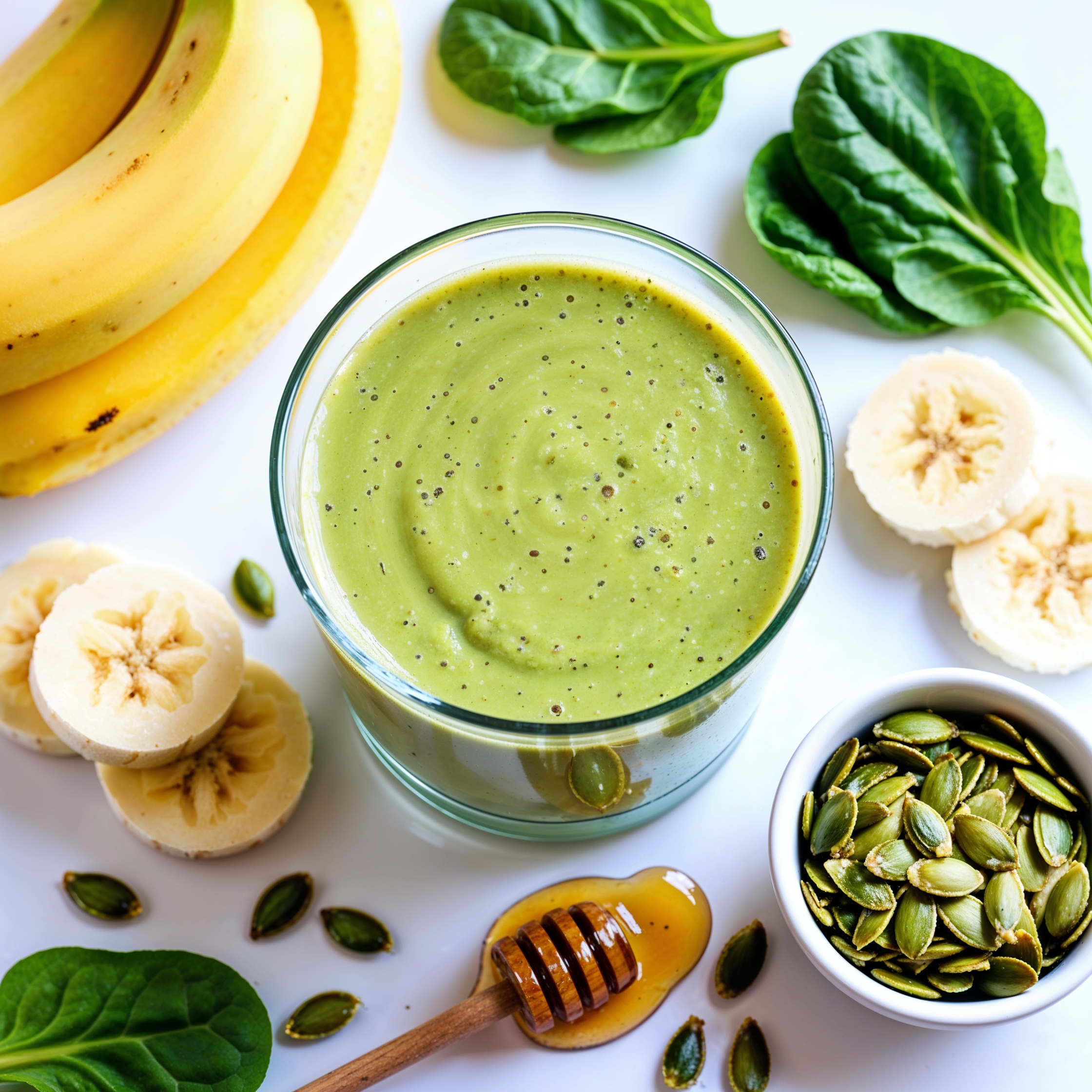 A refreshing green Pumpkin Seed Smoothie served in a glass, surrounded by banana, spinach, and pumpkin seeds.