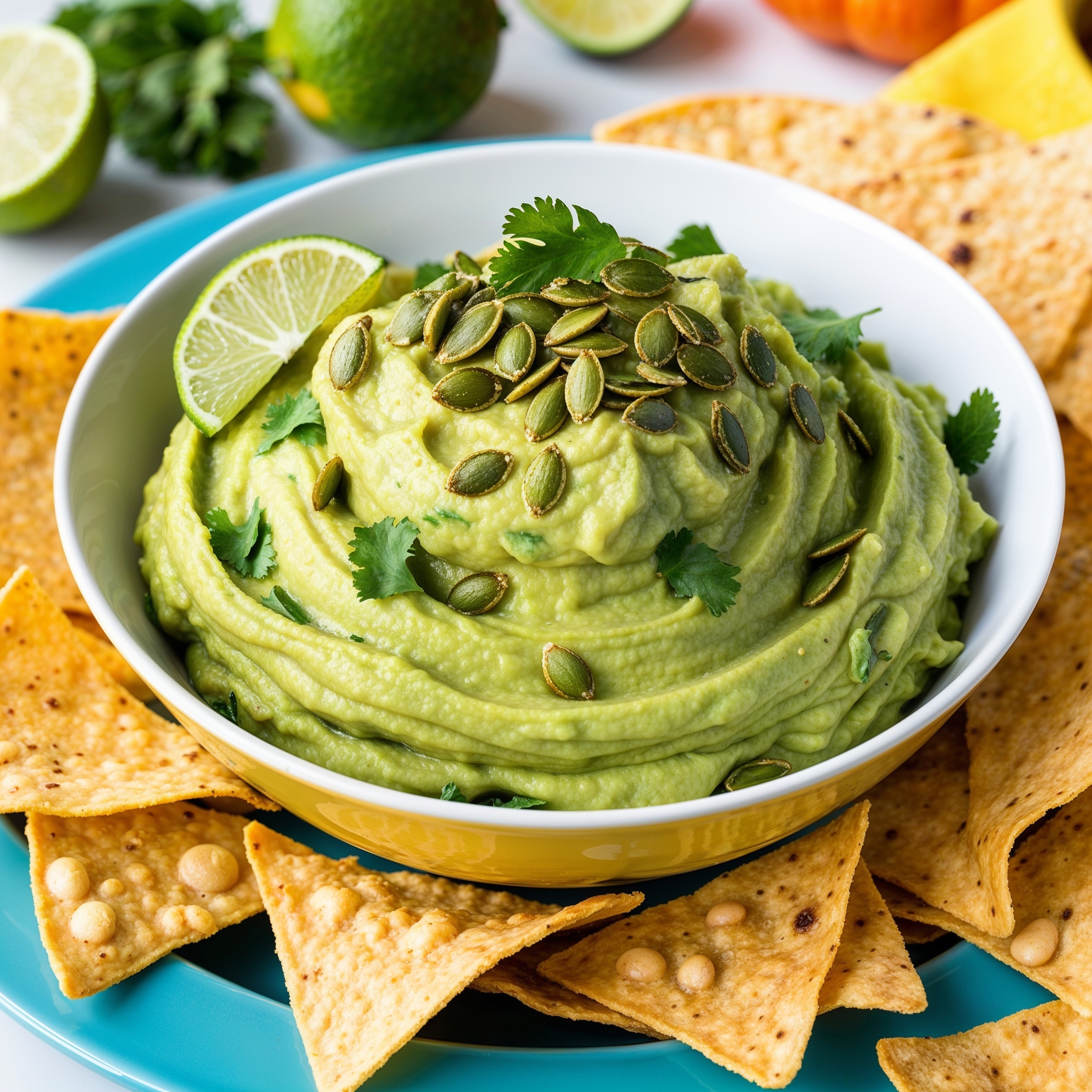 A bowl of vibrant green Pumpkin Seed Guacamole, garnished with cilantro and pumpkin seeds, served with tortilla chips