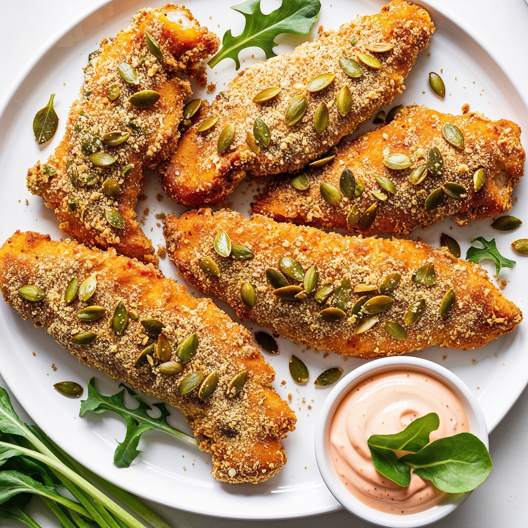Crispy Pumpkin Seed Crusted Chicken Tenders served on a plate with dipping sauce and fresh greens.