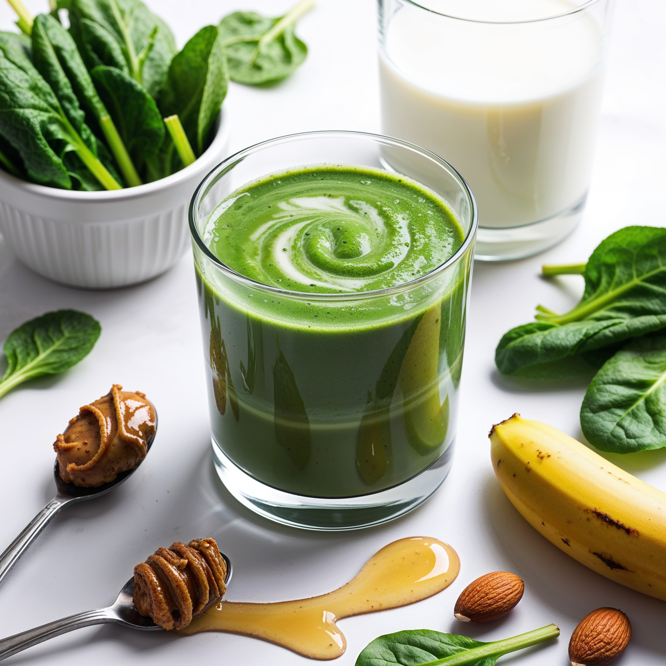 A delicious Spinach and Almond Smoothie made with spinach, almond butter, banana, milk, and honey.