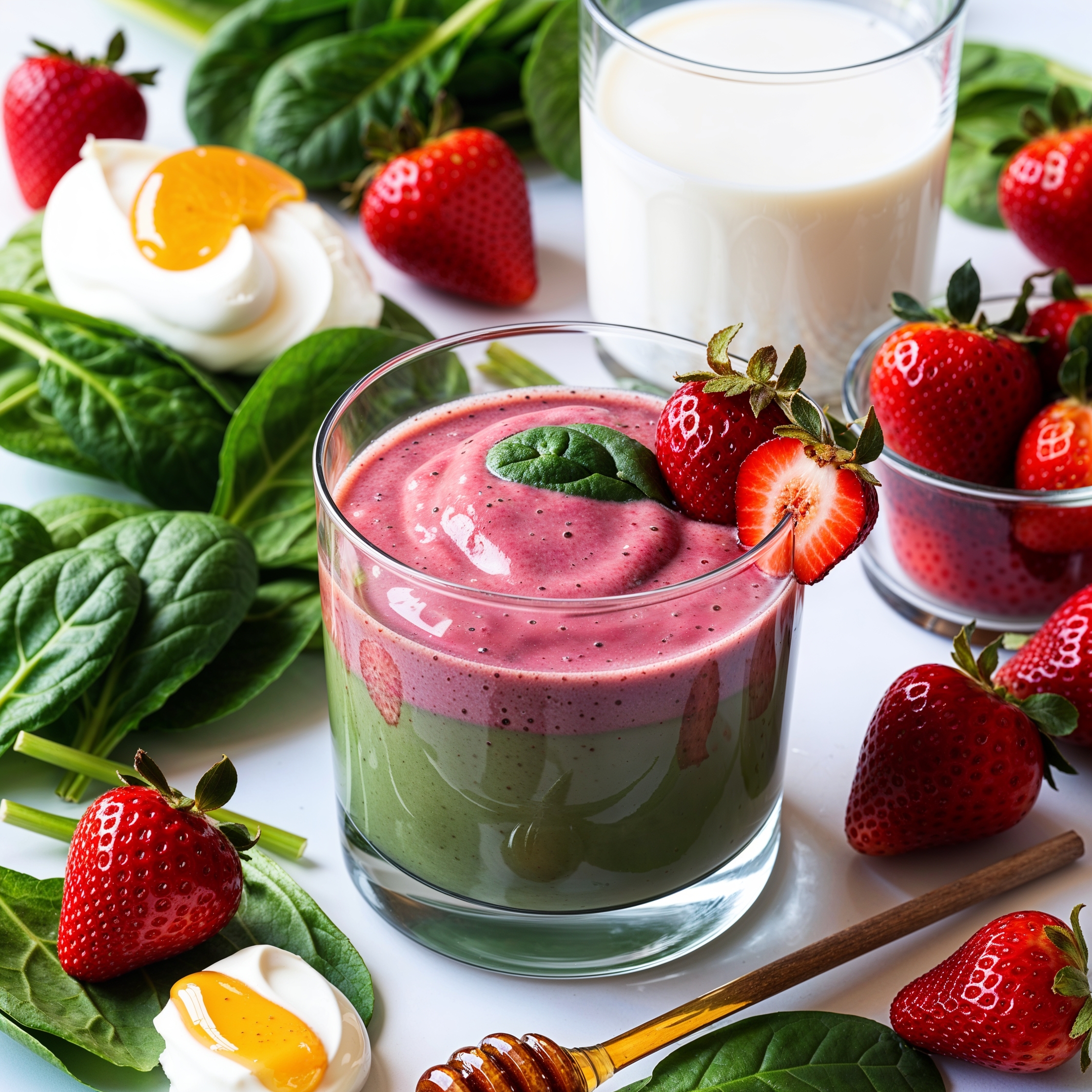 A refreshing Spinach and Strawberry Smoothie made with spinach, strawberries, yogurt, milk, and honey.