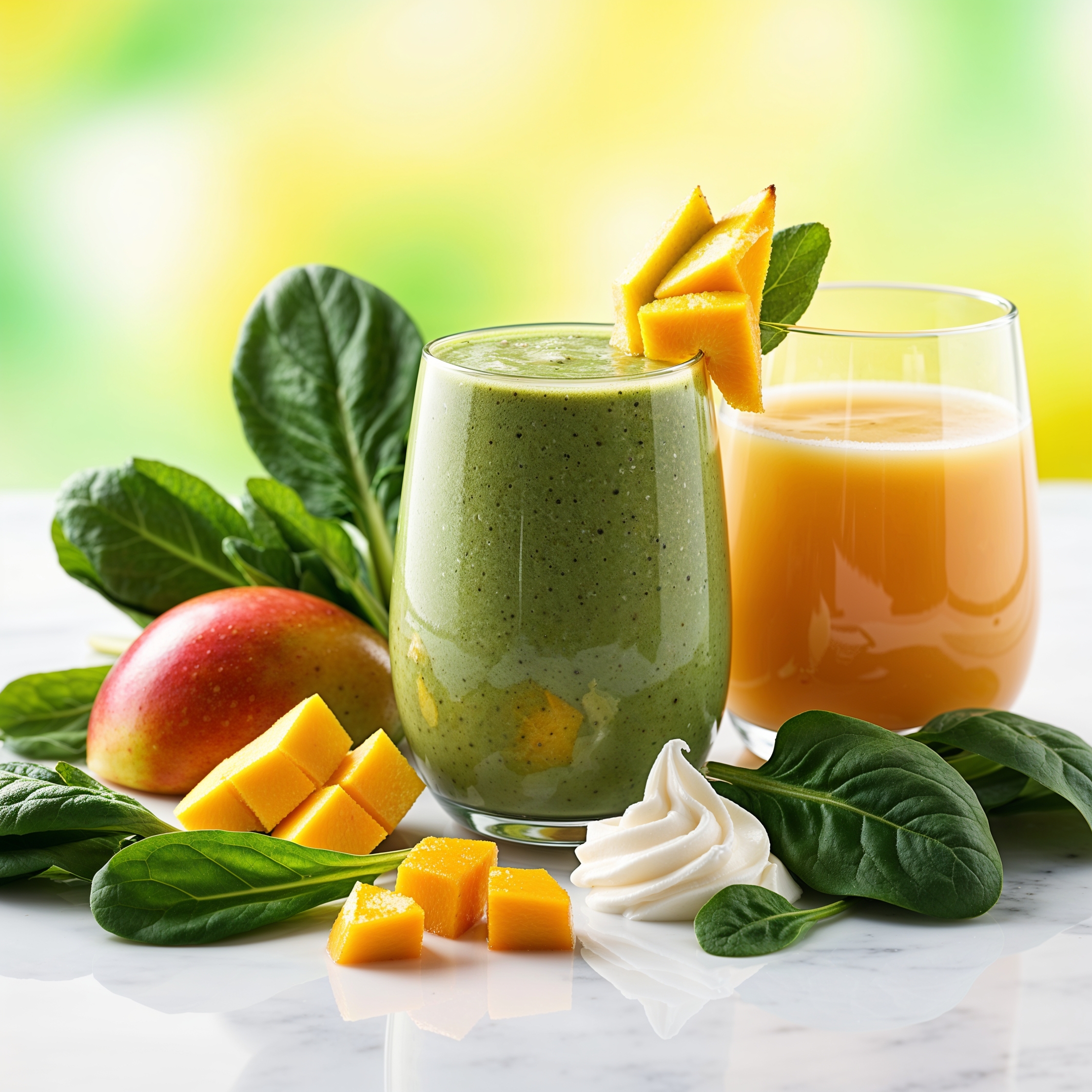 A delicious Spinach Mango Smoothie made with spinach, mango, yogurt, and apple juice.