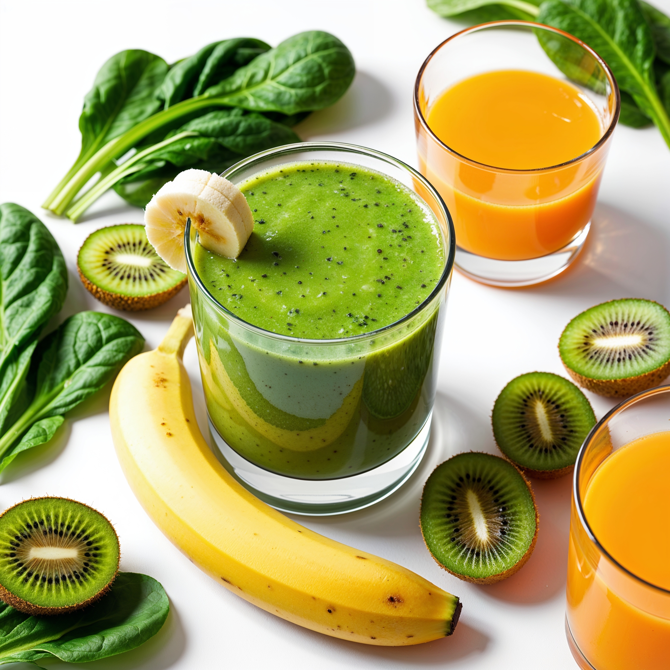 A refreshing Spinach and Kiwi Smoothie made with spinach, kiwi, banana, and orange juice.
