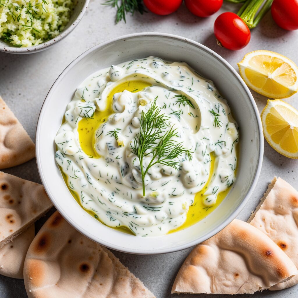Creamy Yogurt Tzatziki in a bowl, garnished with dill, served with pita bread and fresh vegetables.