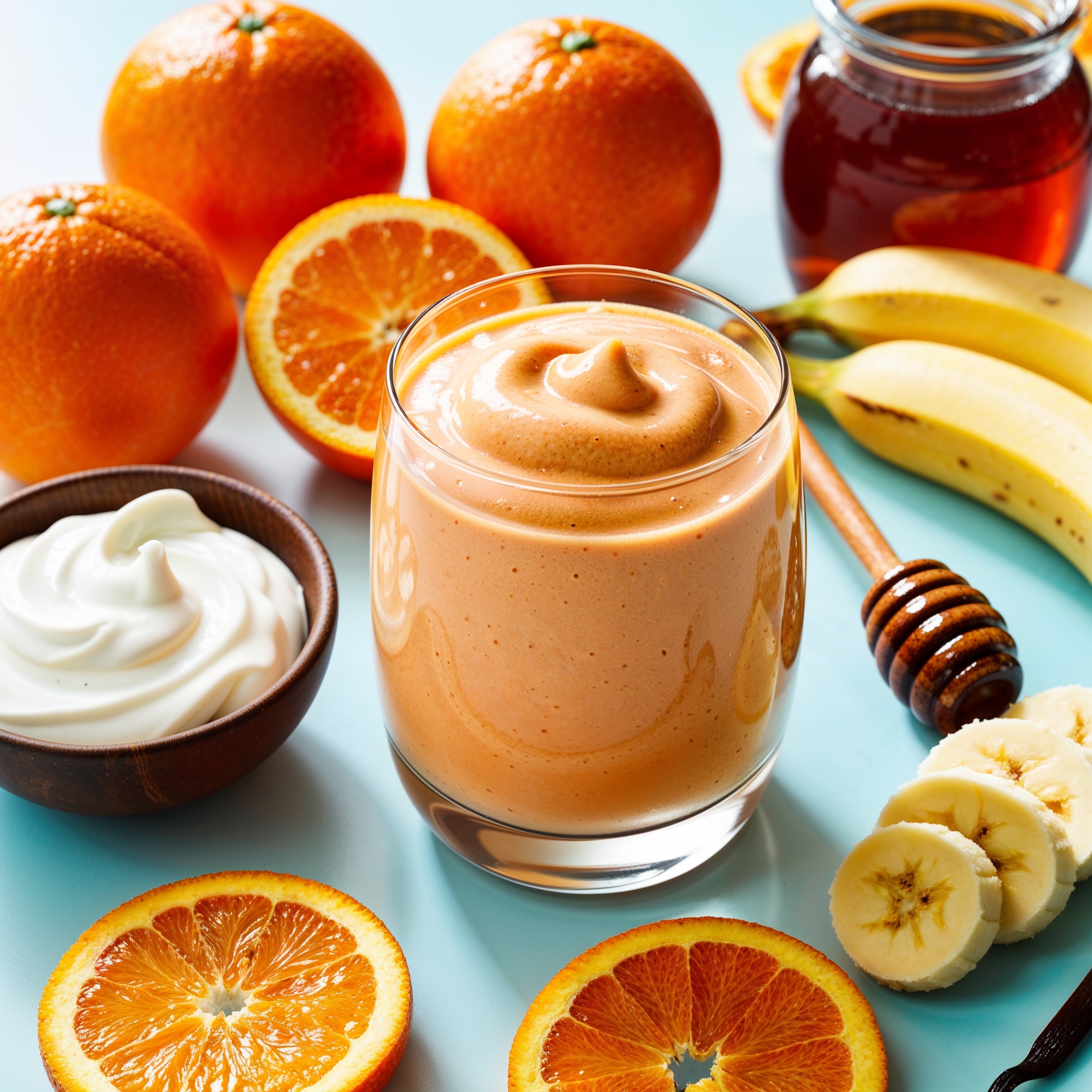 A delicious Orange Creamsicle Smoothie made with orange, banana, yogurt, honey, and vanilla extract.