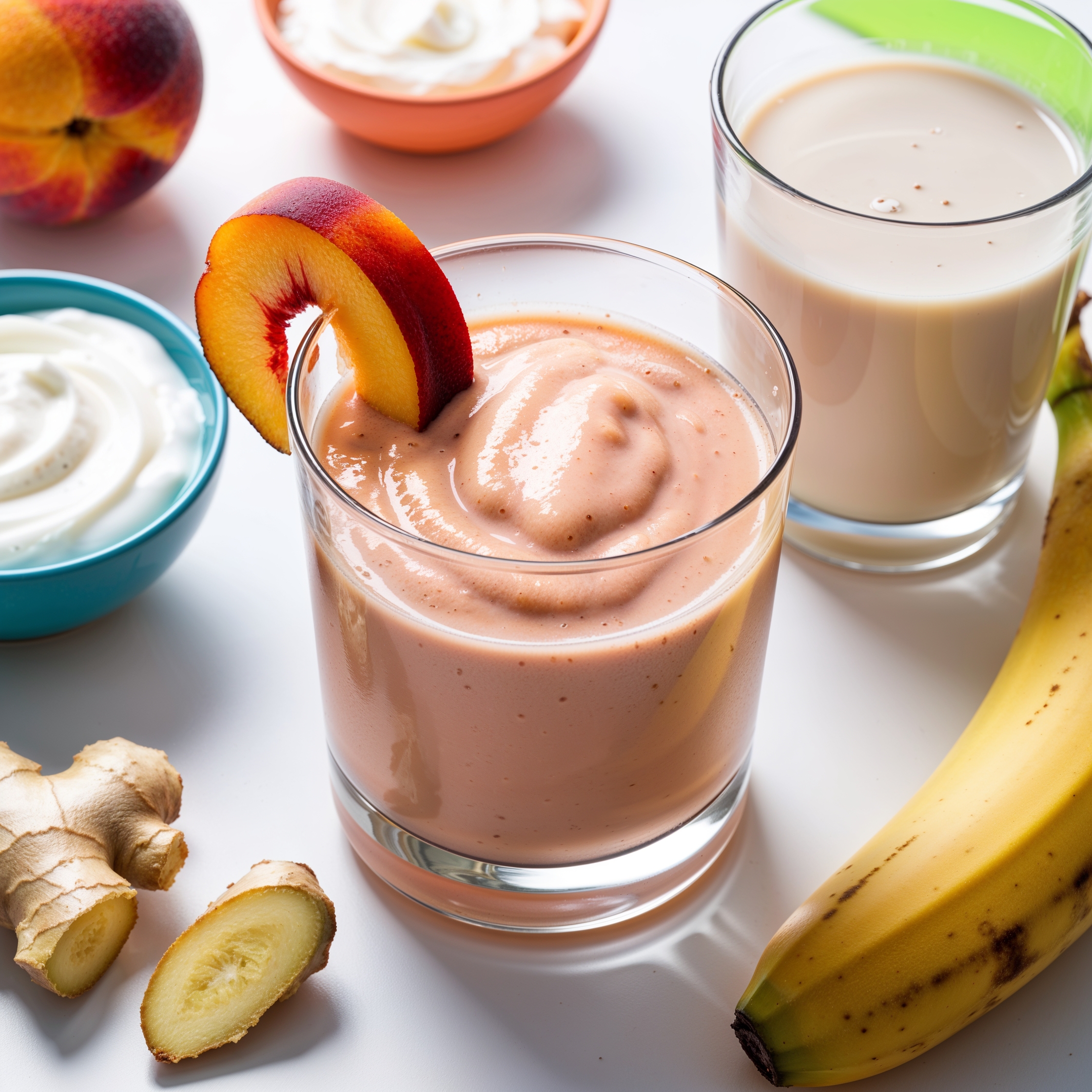 A refreshing Ginger Peach Smoothie made with peach, banana, yogurt, ginger, and almond milk, packed with immune-boosting ingredients for kids.