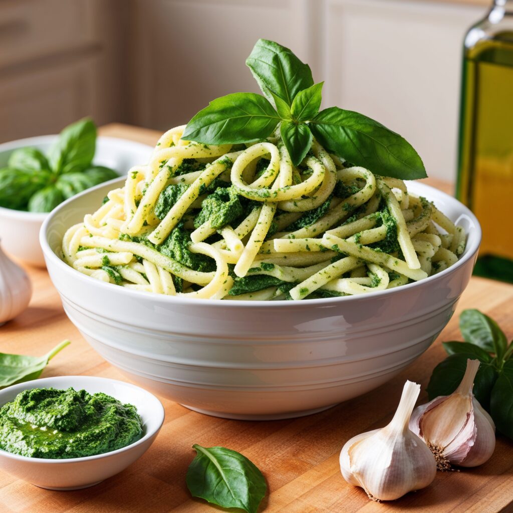 Bowl of Spinach Pesto Pasta, bright green pesto coating the pasta and garnished with fresh basil, is a delicious dish among immunity-boosting foods, with pesto and garlic in the background.