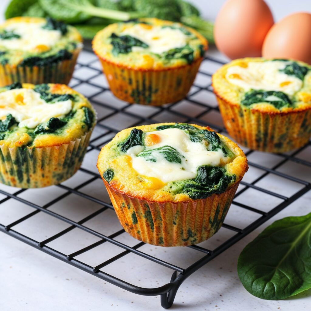 Freshly baked Spinach and Egg Muffins, golden and fluffy, displayed on a cooling rack, are a nutritious choice among immunity-boosting foods, with eggs and spinach in the background.