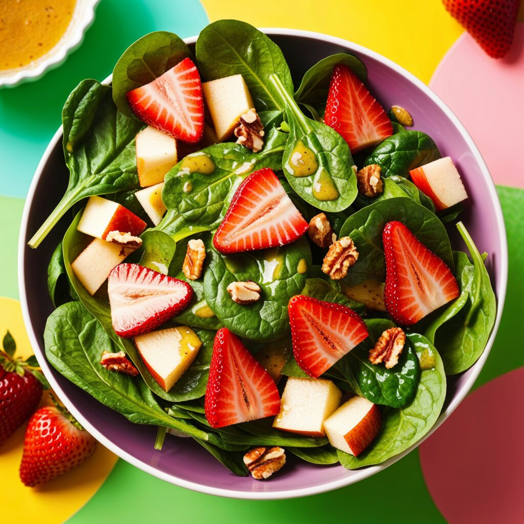 Colorful Spinach Salad with strawberries, apples, and nuts, drizzled with vinaigrette in a bright bowl, is a vibrant example of immunity-boosting foods that can enhance your overall health.