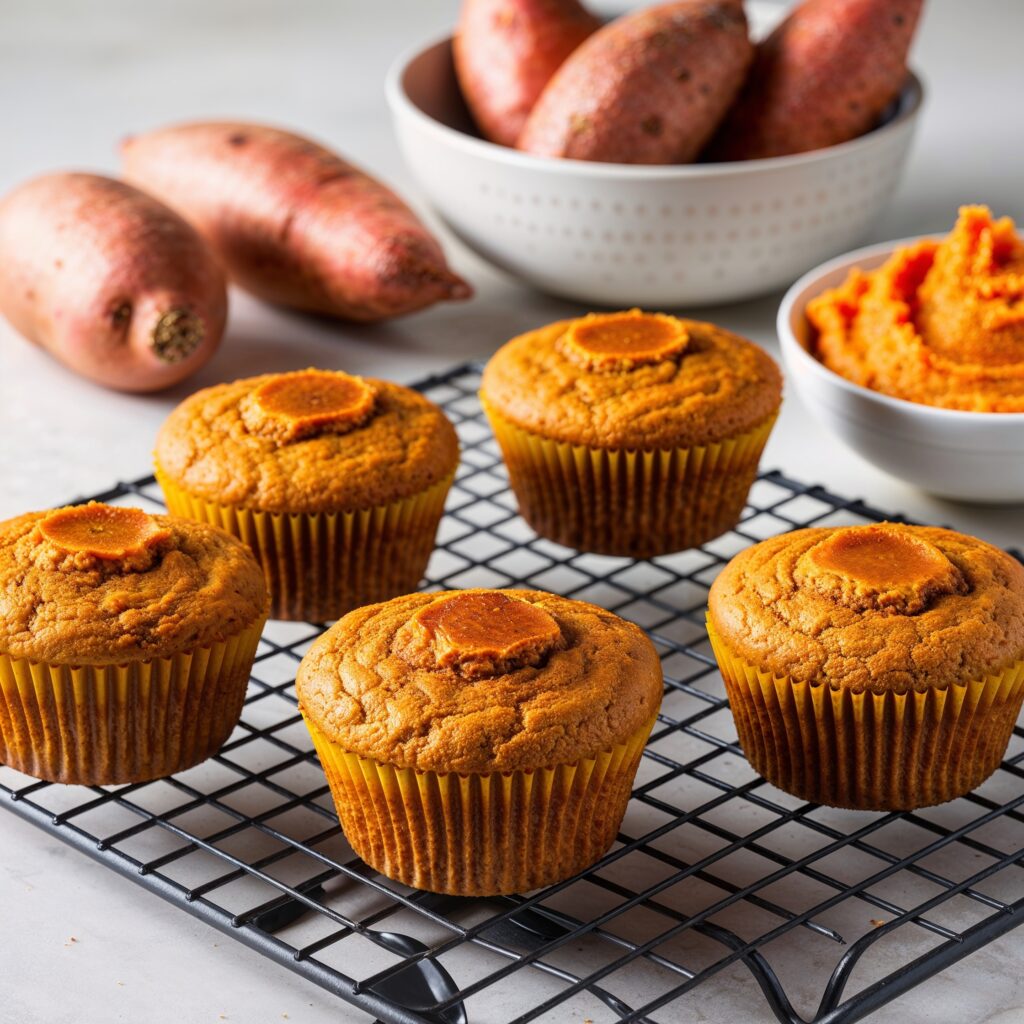 Freshly baked Sweet Potato Muffins on a cooling rack, with whole sweet potatoes and mashed sweet potato in the background, are a nutritious choice among immunity-boosting foods that provide essential vitamins and minerals.