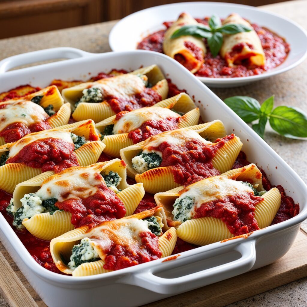 A baking dish of golden Spinach and Cheese Stuffed Shells, topped with marinara and melted mozzarella, garnished with basil, is a delicious and satisfying option among immunity-boosting foods that the whole family will enjoy.