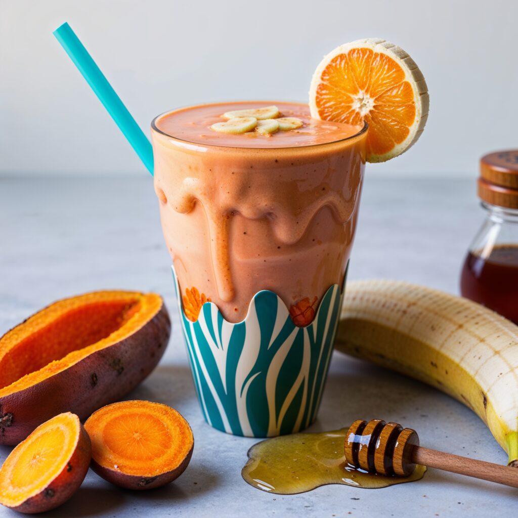 Creamy Sweet Potato Smoothie in a fun cup, with cooked sweet potato, banana, and honey arranged nearby, is a delightful example of immunity-boosting beverages that provide essential nutrients for health.