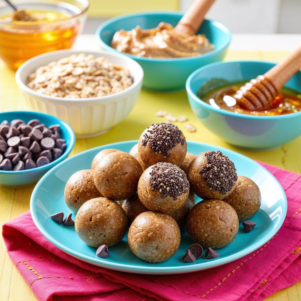 Plate of Seed Butter Energy Bites, some coated in chia seeds and mini chocolate chips, are a fun and tasty snack that fits perfectly into the category of immunity-boosting foods for kids, with ingredients like nut butter and oats in the background.