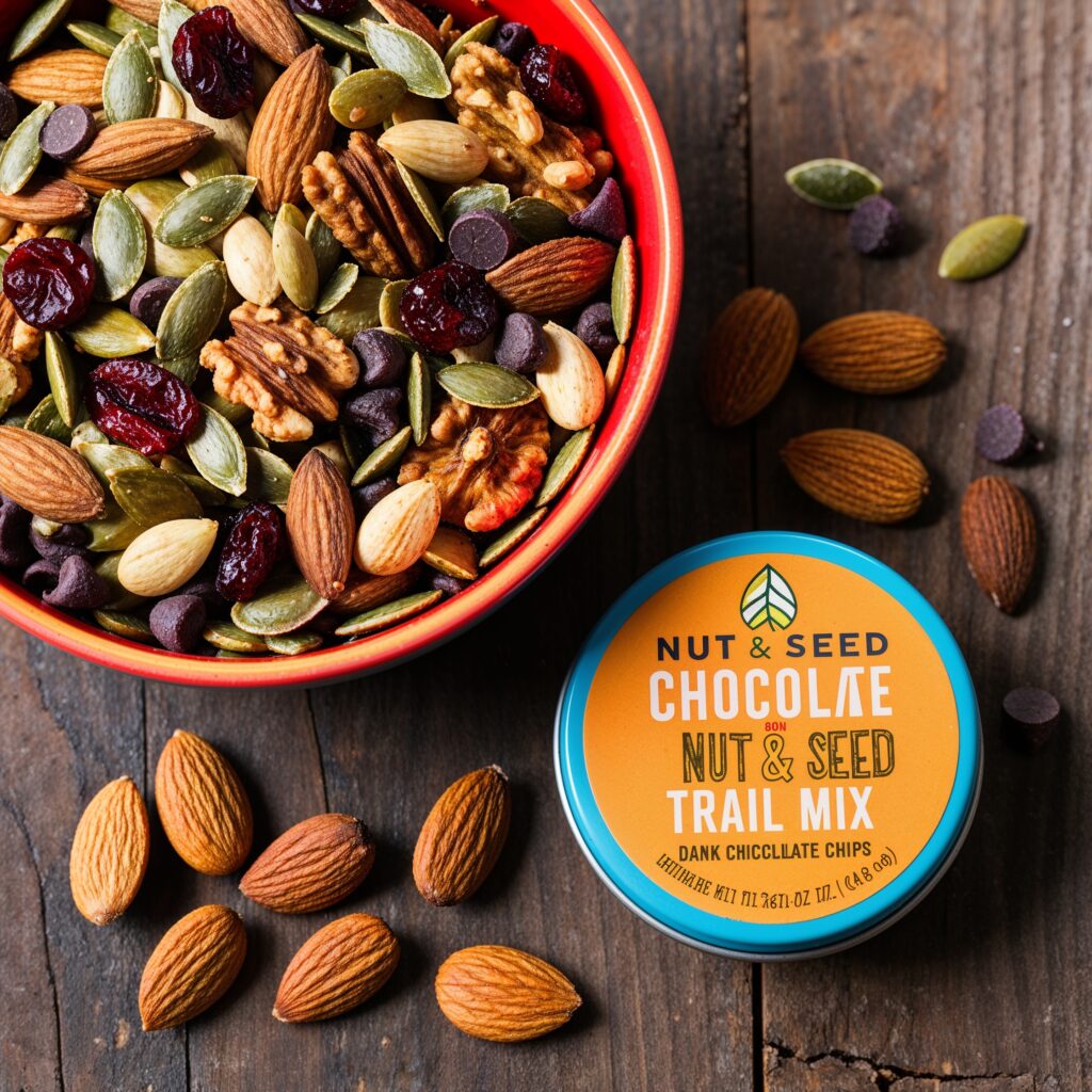Bowl of Nut and Seed Trail Mix featuring almonds, walnuts, pumpkin seeds, dried cranberries, and dark chocolate chips is a delightful snack that exemplifies immunity-boosting foods for kids, with an airtight container nearby for easy storage.
