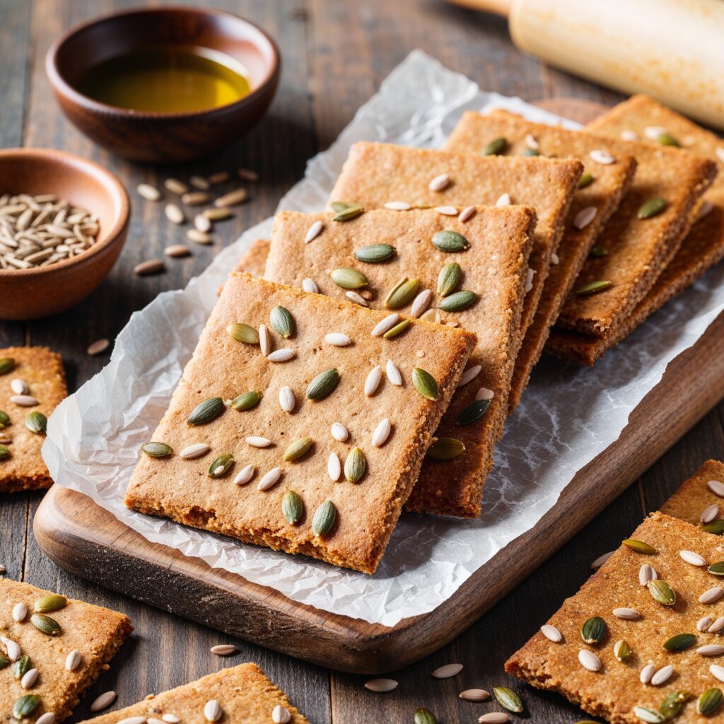 Golden Seeded Whole Wheat Crackers on a rustic board, with sunflower seeds, flaxseeds, and olive oil in the background.
