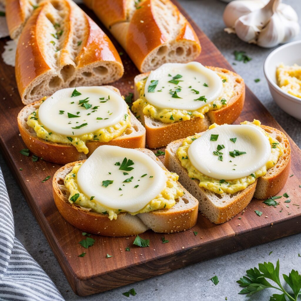 Cheesy Garlic Bread with melted mozzarella on toasted baguette slices is a delicious treat that can be a part of immunity-boosting foods for kids, garnished with chopped parsley for added flavor and nutrition.
