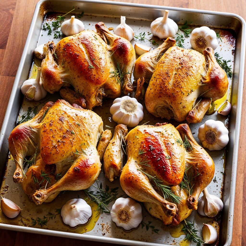 Garlic Roasted Chicken with golden-brown pieces and whole garlic cloves is not only delicious but also an excellent choice among immunity-boosting foods for kids, providing essential nutrients to support their health.