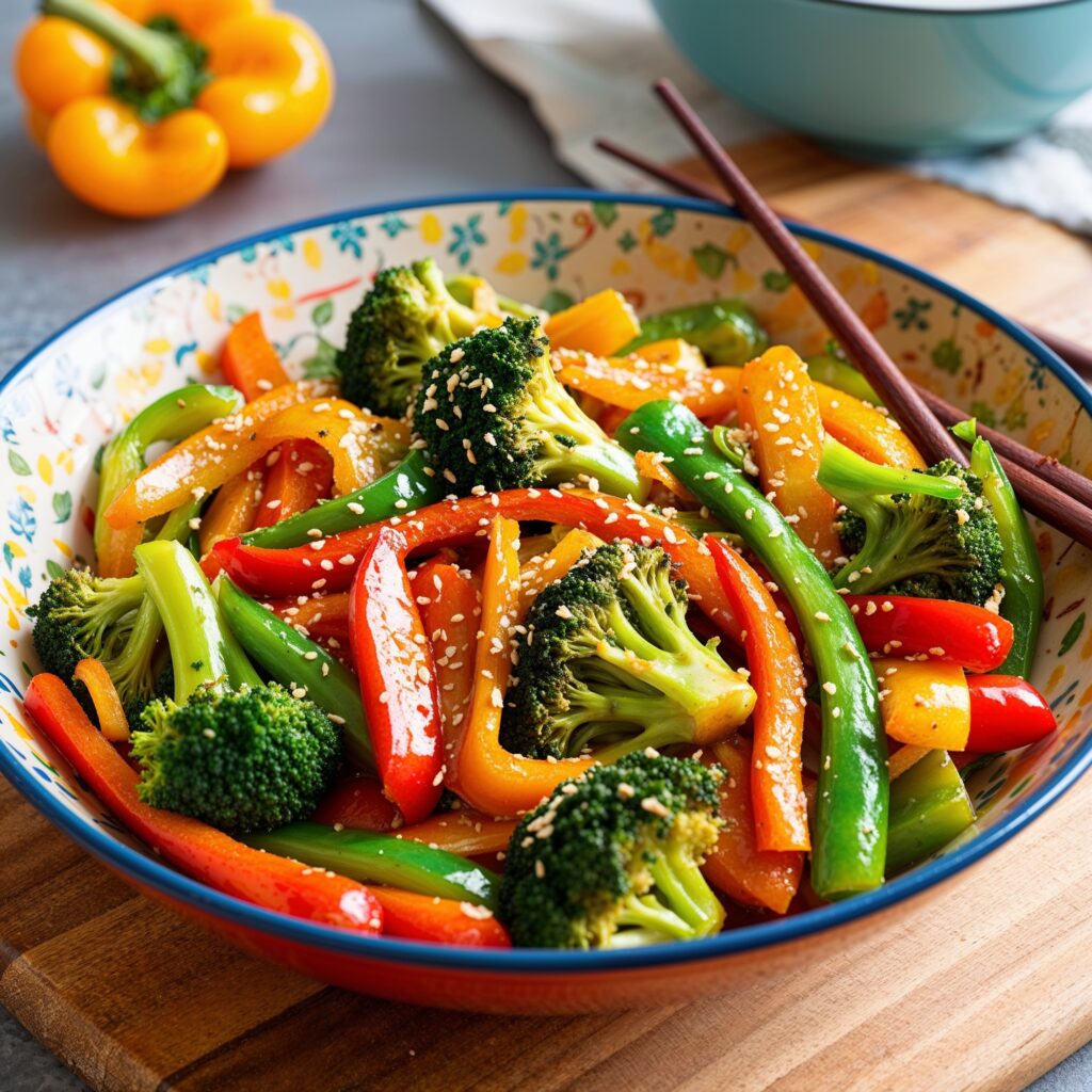 Colorful mixed vegetables stir-fried with garlic and topped with sesame seeds.