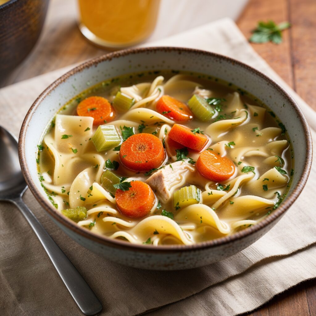Chicken noodle soup is a comforting, hearty dish made with tender noodles, chicken broth, carrots, and celery, making it one of the best immunity boosting foods for kids, garnished with parsley.