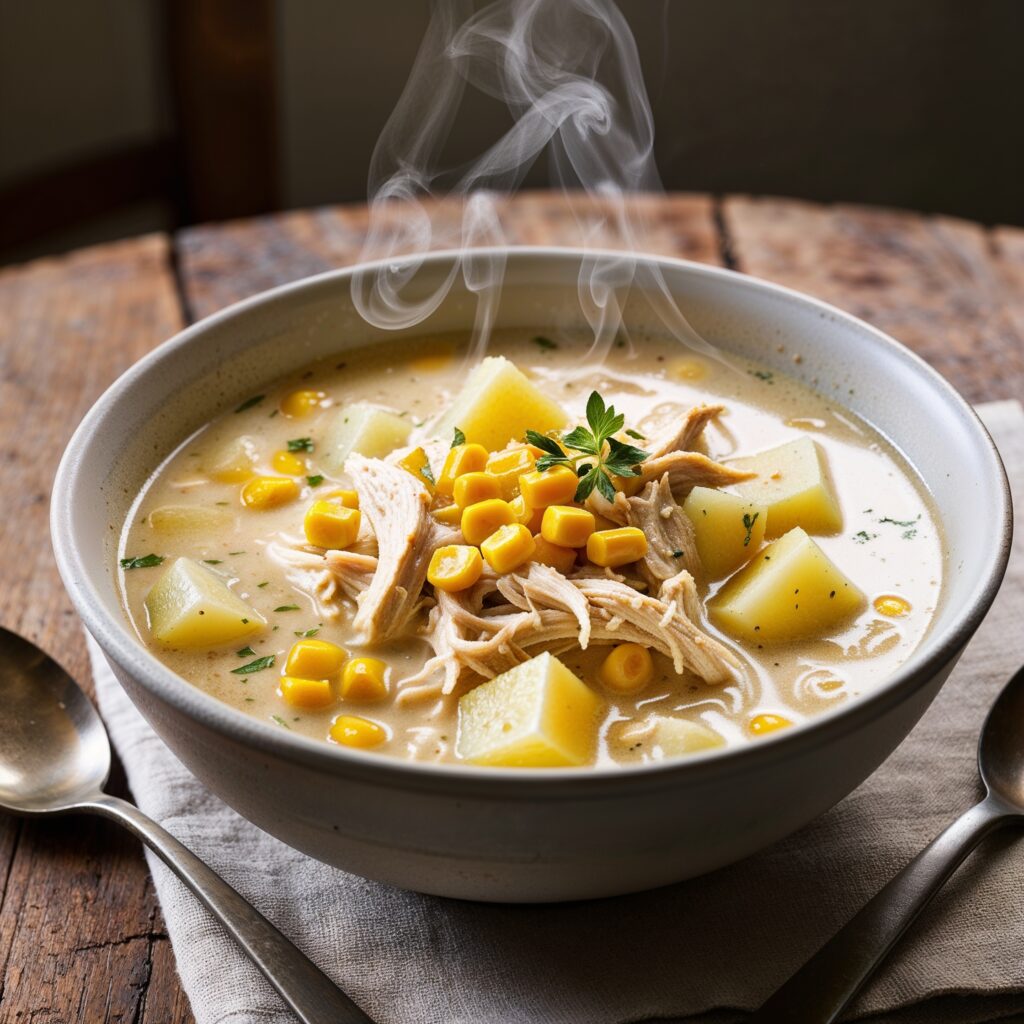 A cozy bowl of creamy chicken soup is an excellent choice among immunity boosting foods for kids, featuring tender shredded chicken, diced potatoes, and bright yellow vegetables, with steam gently rising on a rustic wooden table.corn, garnished with fresh herbs. A spoon rests nearby, inviting you to enjoy this comforting dish.