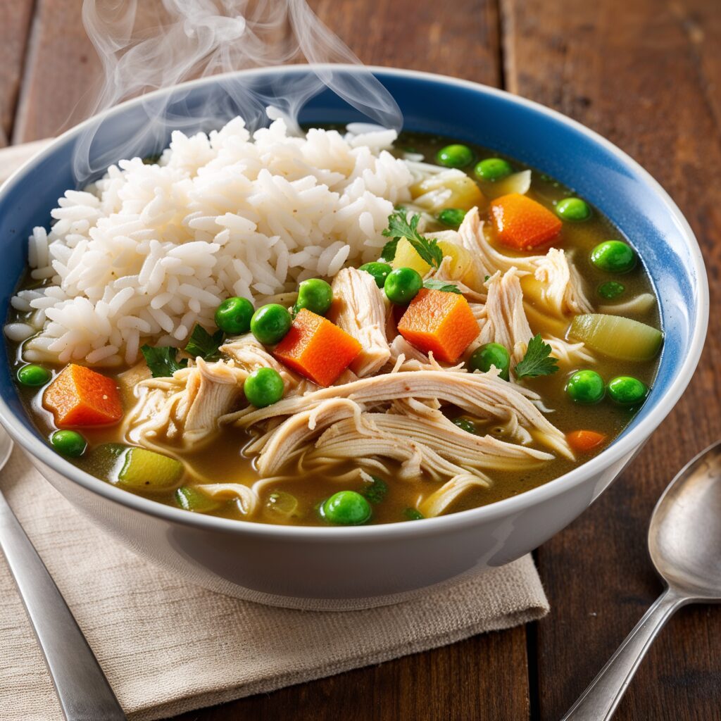 A comforting Chicken Soup Rice Bowl is one of the best immunity boosting foods for kids, featuring fluffy white rice topped with rich chicken soup, shredded chicken, peas, and carrots, served on a rustic wooden table with steam rising.