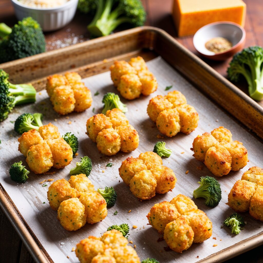Golden-brown broccoli tots arranged on a baking sheet, surrounded by fresh broccoli florets and a bowl of garlic powder.