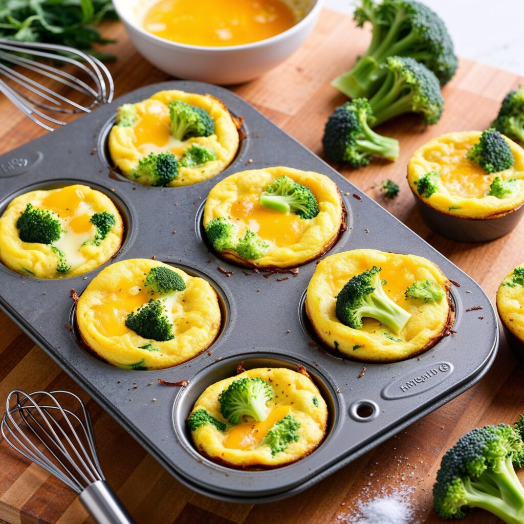 Freshly baked broccoli mini frittatas in a muffin tin, golden brown with visible broccoli and cheese.