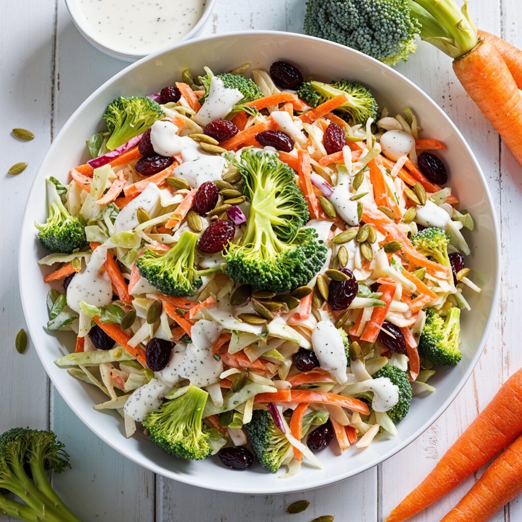 A colorful bowl of broccoli slaw salad mixed with shredded carrots, raisins, and sunflower seeds, drizzled with ranch dressing.