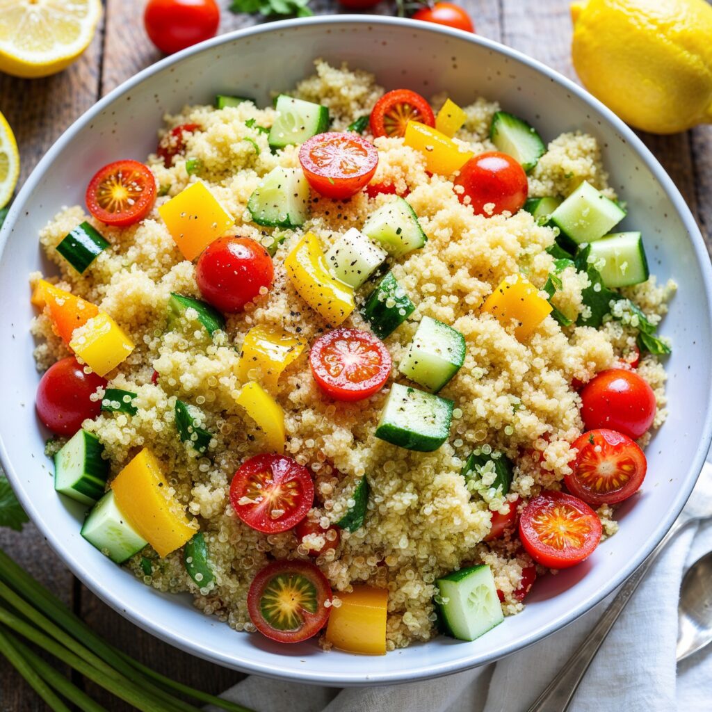 A vibrant quinoa salad with cherry tomatoes, cucumber, and bell peppers, drizzled with olive oil and lemon juice in a bowl.