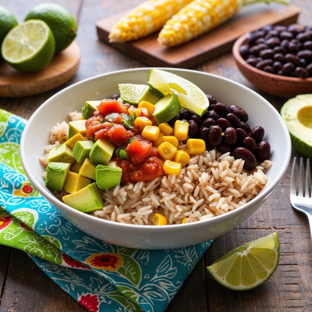 A colorful bowl of brown rice topped with black beans, corn, diced avocado, and salsa, garnished with a lime wedge.