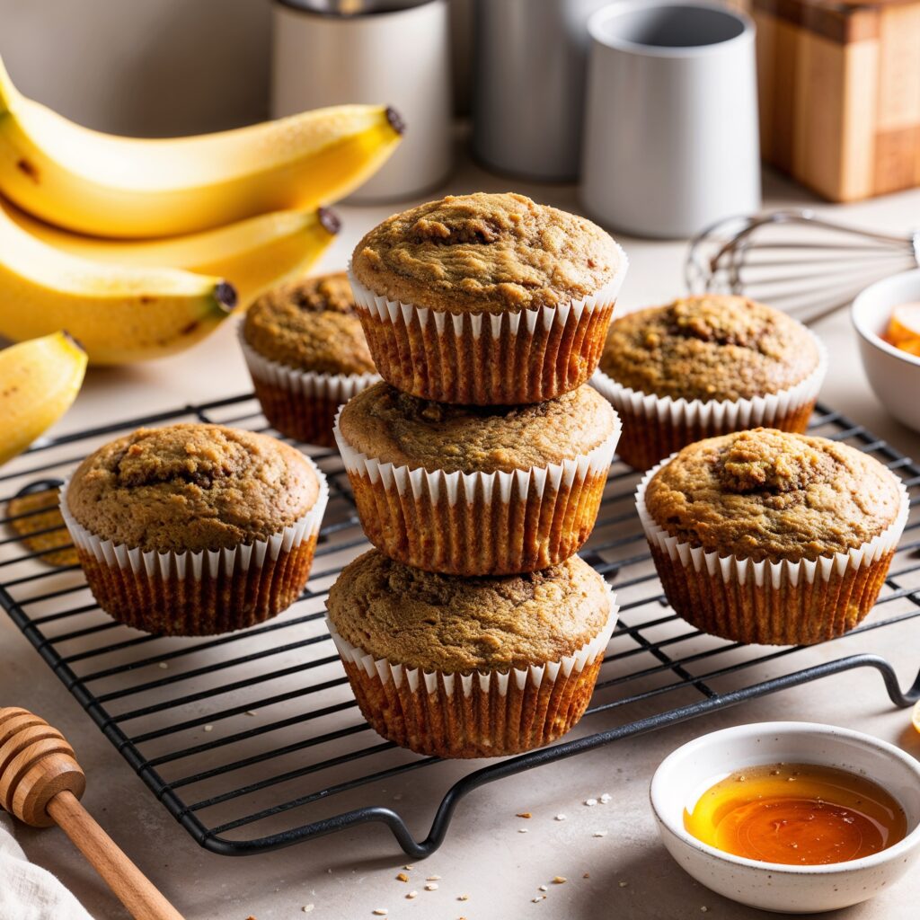 Freshly baked whole grain banana muffins on a cooling rack, surrounded by ripe bananas and a bowl of honey.