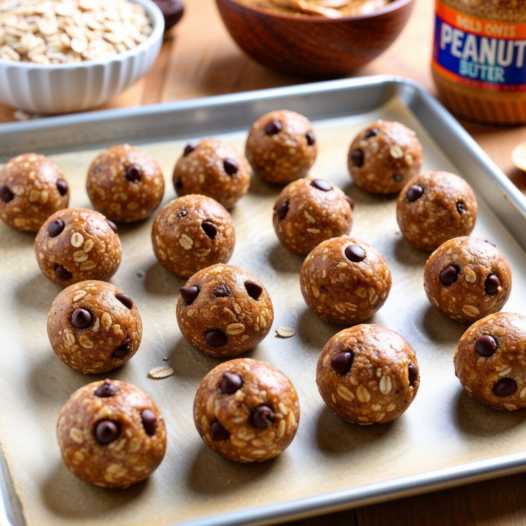 A baking sheet filled with round Oatmeal Energy Bites, showcasing mini chocolate chips and chia seeds, with a bowl of rolled oats and a jar of peanut butter in the background.