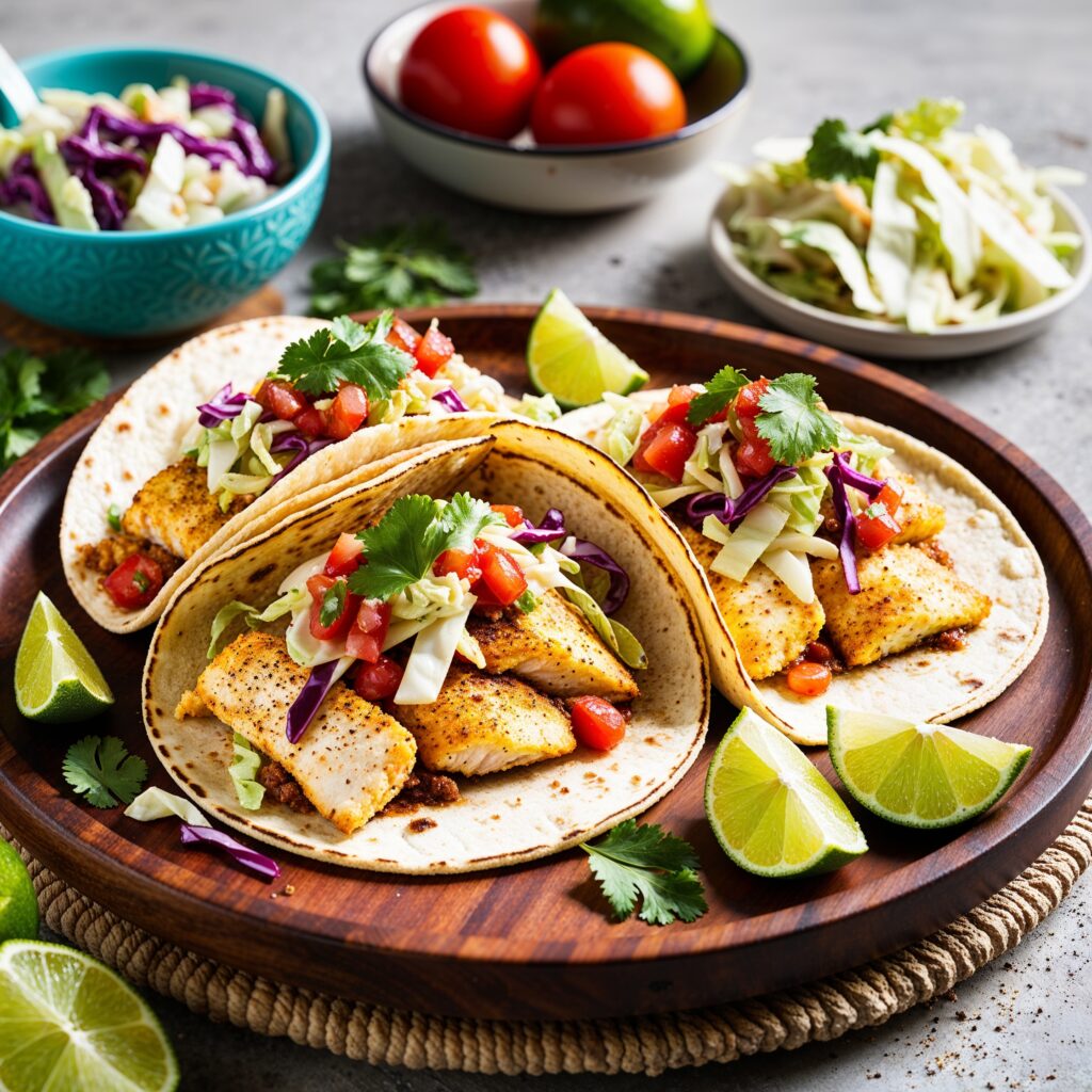 A platter of colorful Fish Tacos filled with flaky white fish, cabbage slaw, and salsa, garnished with lime wedges.