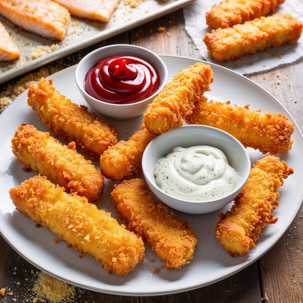 A plate of crispy Fish Stick Dippers served with small bowls of ketchup and tartar sauce for dipping.